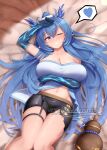  arknights blue_eyes blue_hair blush breasts dragon_girl highres horns jewelry large_breasts ling_(arknights) ring shorts thighs wedding_ring yolo_generations 