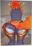  2022 anthro biped book bottomwear butt clothed clothing digital_media_(artwork) ear_tuft female fur hi_res inside legwear looking_away mammal mug orange_body orange_bottomwear orange_clothing orange_fur orange_skirt panties pleated_skirt presenting presenting_hindquarters rear_view shaded skirt solo standing tail tekilao thigh_highs topwear tuft underwear white_body white_fur 