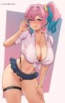  1girl absurdres bangs blue_hair blush breasts cleavage collarbone collared_shirt highleg highleg_panties highres hioyami hozuki_kaede large_breasts licking_lips long_hair looking_at_viewer multicolored_hair navel onii-chan_wa_oshimai! panties pink_eyes pink_hair ponytail shirt short_sleeves sidelocks smile solo thighs tied_shirt tongue tongue_out two-tone_hair underwear white_shirt 