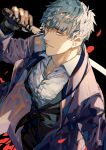  1boy absurdres black_gloves black_suit brown_eyes collared_shirt fate/grand_order fate_(series) formal from_above gloves grey_hair highres holding holding_sword holding_weapon jacket katana long_sleeves male_focus nasubi_illust open_clothes open_jacket petals saitou_hajime_(fate) shirt short_hair smile suit sword upper_body weapon white_shirt 