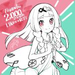  1girl bare_arms blunt_bangs blush braid clenched_hands closed_mouth cosplay dress eyelashes hairband hands_up highres jewelry kinocopro lana_(pokemon) lana_(pokemon)_(cosplay) lana_(sygna_suit)_(pokemon) lillie_(pokemon) long_hair looking_at_viewer milestone_celebration necklace pink_eyes pokemon pokemon_(game) pokemon_masters_ex pokemon_sm sleeveless sleeveless_dress smile solo thank_you twin_braids 