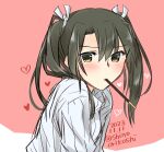  1girl alternate_costume brown_eyes commentary_request dated food grey_hair hair_ribbon highres kantai_collection long_hair mouth_hold orikoshi_shino pink_background pocky pocky_day ribbed_sweater ribbon solo sweater twintails twitter_username upper_body white_sweater zuikaku_(kancolle) 