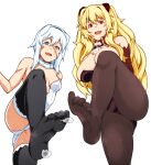  2girls absurdres anne_bonny_(fate) ass ass_visible_through_thighs blonde_hair breasts fate/grand_order fate_(series) feet highres large_breasts looking_at_viewer mary_read_(fate) multiple_girls non-web_source pantyhose scar scar_on_face small_breasts smile transparent_background white_hair yozo_(stanky) 