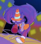  anthro big_tail bottomless clothed clothing female footwear fur headgear headwear hi_res lizardfungus purple_body purple_fur shoes solo tail traffic_cone unknown_species 