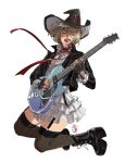  1girl alternate_costume black_gloves black_headwear blonde_hair electric_guitar fingerless_gloves gloves guilty_gear guilty_gear_strive guitar hat highres i-no instrument irene_koh mole mole_above_mouth red_lips short_hair tinted_eyewear witch_hat 
