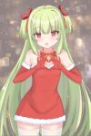  1girl :3 absurdres bare_shoulders blunt_bangs blunt_ends blush breasts brown_background commentary cowboy_shot curvy dress eyelashes eyes_visible_through_hair fur-trimmed_dress fur-trimmed_sleeves fur_trim furrowed_brow gloves green_hair hair_ribbon hands_up heart heart_hands highres hime_cut long_hair looking_at_viewer lunana murasame_(senren) open_mouth red_eyes red_ribbon ribbon santa_dress santa_gloves senren_banka sidelocks simple_background small_breasts smile solo standing straight-on straight_hair thighhighs two_side_up very_long_hair white_thighhighs zettai_ryouiki 