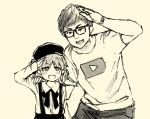  1boy 1girl arm_up beret blush collared_shirt commentary_request crossover fang glasses hand_on_another&#039;s_shoulder hat hatoba_tsugu height_difference hikakin hikakin_(person) leaning_to_the_side long_sleeves looking_at_viewer mole mole_under_eye monochrome neck_ribbon open_mouth ouka_(yama) ribbon salute sepia shirt short_hair short_sleeves simple_background skin_fang skirt smile suspender_skirt suspenders tsugu_(vtuber) v-shaped_eyebrows virtual_youtuber watch wristwatch youtube_logo 