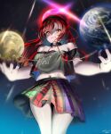  1girl absurdres black_shirt chain choker cowboy_shot earth_(ornament) hecatia_lapislazuli highres holding moon_(ornament) navel off-shoulder_shirt off_shoulder plaid plaid_skirt red_eyes red_hair shirt skirt standing t-shirt thighs touhou underworld_(ornament) yujin_(kanouyuuto-0423) 