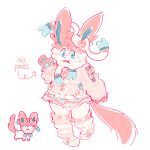  absurd_res anthro blue_eyes blush bottomwear bow_tie breasts clothed clothing cute_fangs eeveelution english_text female feral footwear full-length_portrait fully_clothed fur generation_6_pokemon hair hi_res lorstarcuttr medium_breasts miniskirt nintendo open_:3 paws pink_body pink_fur pokemon pokemon_(species) pokemorph portrait scarf shoes simple_background skirt smile socks solo sweater sylveon tail text topwear white_background white_body white_fur 