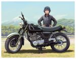  1girl aged_down blue_hair commentary day doyagao hands_on_own_hips highres horikou jacket motor_vehicle motorcycle mount_fuji outdoors purple_eyes revision scenery shima_saki short_hair smug solo yamaha yamaha_sr400 yurucamp 