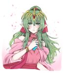  1girl bare_shoulders blush bow cosplay dragonstone dress falling_petals fire_emblem fire_emblem:_mystery_of_the_emblem fire_emblem_awakening fire_emblem_heroes glowing_crystal green_eyes green_hair hair_bow hair_ornament highres jewelry long_hair looking_at_viewer misato_hao official_alternate_costume petals pink_dress pointy_ears ponytail red_sash sash scarf simple_background sleeveless smile solo tiara tiki_(adult)_(fated_divinity)_(fire_emblem) tiki_(adult)_(fire_emblem) tiki_(fire_emblem) tiki_(fire_emblem)_(cosplay) tiki_(young)_(fire_emblem) tiki_(young)_(fire_emblem)_(cosplay) upper_body white_background 