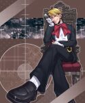  1boy ace_attorney black_footwear black_jacket black_pants blonde_hair bow cleft_chin crossed_legs dress_shoes gloves highres holding holding_removed_eyewear jacket jewelry luke_atmey male_focus monocle on_chair oramudayukai pants phoenix_wright:_ace_attorney_-_trials_and_tribulations pointy_nose red_bow ring shirt sitting socks solo undercut unworn_eyewear white_gloves white_shirt white_socks 