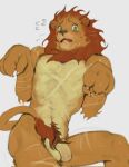  2023 anthro balls blush blush_lines bodily_fluids body_hair brown_mane cowardly_lion digital_media_(artwork) eyebrows felid flying_sweatdrops foreskin frown genitals glans happy_trail hi_res humanoid_genitalia humanoid_penis kogito lion looking_at_viewer male mammal mane navel nervous nude open_frown open_mouth pantherine penis pubes scar simple_background solo sweat sweatdrop tail tail_tuft the_wonderful_wizard_of_oz tuft unretracted_foreskin white_background 