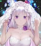  1girl bare_shoulders breasts cleavage dress duplicate emilia_(re:zero) flower grey_hair hair_flower hair_ornament hair_ribbon ji_yue long_hair looking_at_viewer medium_breasts pixel-perfect_duplicate pointy_ears purple_eyes purple_ribbon re:zero_kara_hajimeru_isekai_seikatsu ribbon smile solo wedding white_hair x_hair_ornament 