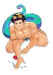  1boy absurdres anaconda_boy arknights bara bulge character_request check_copyright commentary_request copyright_request english_text flower_bracelet full_body goggles goggles_on_head grey_male_swimwear highres long_sideburns looking_at_viewer male_focus male_swimwear modachai_(weibo5622674859) multicolored_hair muscular muscular_male nipples pectoral_squeeze pectorals pink_pupils purple_hair short_hair sideburns sideburns_stubble snake_tail solo streaked_hair swim_briefs tail thick_thighs thighs topless_male wet 