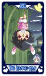  2girls animal_ears bamboo bamboo_forest barefoot black_hair bloomers carrot_necklace clenched_teeth cloud cloudy_sky colonel_aki cross dress forest full_moon hanging heart inaba_tewi jewelry long_hair moon multiple_girls nature necklace pink_dress rabbit_ears rabbit_girl red_cross red_eyes short_hair sky tarot_(medium) teeth the_hanged_man_(tarot) touhou underwear upside-down white_hair yagokoro_eirin 