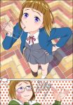  1girl blue_jacket blunt_bangs blunt_ends blush bob_cut brick_floor dress green_hoodie grey-framed_eyewear grey_dress grin hand_on_eyewear hand_on_own_hip hood hoodie imagining jacket looking_up love_live! love_live!_superstar!! miyabisetu pinafore_dress polka_dot polka_dot_background purple_eyes red_ribbon ribbon school_uniform semi-rimless_eyewear shibuya_aria shirt sleeveless sleeveless_dress smile solo under-rim_eyewear white_shirt yuigaoka_school_uniform 