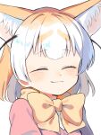  animal_ear_fluff animal_ears blonde_hair blush bow bowtie close-up closed_eyes extra_ears fennec_(kemono_friends) fox_ears fox_girl kemono_friends mimu_umui multicolored_hair pink_sweater puffy_short_sleeves puffy_sleeves short_hair short_sleeves smile sweater two-tone_hair white_hair yellow_bow yellow_bowtie 