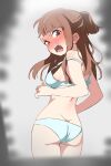  1girl absurdres anafuchi ass blush bra breasts brown_hair embarrassed highres kagari_atsuko little_witch_academia looking_at_viewer medium_hair open_mouth panties red_eyes short_ponytail small_breasts solo standing underwear 