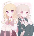  2girls :d :o absurdres ahoge akamatsu_kaede backpack bag black_shirt black_socks black_thighhighs breasts brown_skirt collared_shirt controller danganronpa_(series) danganronpa_2:_goodbye_despair danganronpa_v3:_killing_harmony dress_shirt feet_out_of_frame galaga green_jacket hair_ornament heart highres holding holding_controller jacket katyusha_(deer_peter) kneehighs knees_up large_breasts multiple_girls musical_note musical_note_hair_ornament nanami_chiaki neck_ribbon necktie open_clothes open_jacket open_mouth orange_necktie pink_background pink_bag pink_eyes pink_ribbon pink_vest plaid plaid_skirt pleated_skirt red_skirt ribbon shirt sitting skirt smile socks thighhighs vest white_background white_shirt 