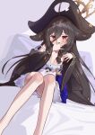  1girl absurdres ahoge azur_lane black_coat black_hair blush braid breasts coat dress hat highres huge_ahoge long_bangs long_hair looking_at_viewer marimo_daifuku off_shoulder open_clothes open_coat open_mouth panties pirate_hat red_eyes sitting small_breasts solo striped striped_panties tentacle_hair tentacles twin_braids underwear wavy_mouth white_dress whydah_(azur_lane) 