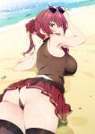  1girl absurdres ascot ass beach belt blush breasts brown_belt brown_leotard brown_thighhighs eyewear_on_head fang foreshortening hair_ribbon hangyaku_seyo!_eiyuu_tenjite_jashin_kishi heterochromia highres hololive houshou_marine kisaniyav lace-trimmed_legwear lace_trim large_breasts leather_belt leotard long_hair looking_at_viewer lying miniskirt ocean on_stomach open_mouth panties pantyshot pleated_skirt red_ascot red_eyes red_hair red_ribbon red_skirt ribbon sand_on_skin skin_tight skirt sleeveless solo thighhighs twintails twisted_torso underwear upskirt virtual_youtuber yellow_eyes 