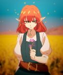 1girl belt belt_buckle blue_overalls blue_sky blurry blurry_background breasts bright_pupils buckle commentary_request field flower flower_field hair_between_eyes helck highres holding holding_flower irohasu_(sasagarasu) orange_eyes orange_hair outdoors overalls pointy_ears purple_flower shirt sky small_breasts solo vamirio white_pupils white_shirt 