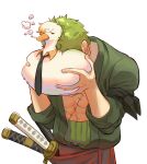  2boys abs animal animalization bird blonde_hair cigarette duck green_hair green_kimono highres holding holding_animal japanese_clothes kimono male_focus multiple_boys muscular muscular_male necktie one_piece poipoisky72 roronoa_zoro sanji_(one_piece) scar scar_on_chest short_hair simple_background smoking weapon white_background 