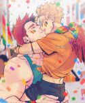  2boys aqua_tank_top arm_hair bara beard beard_stubble boku_no_hero_academia carrying carrying_person closed_eyes confetti couple endeavor_(boku_no_hero_academia) facial_hair from_side hand_hair hanta96 hawks_(boku_no_hero_academia) highres kiss large_pectorals laughing lgbt_pride male_focus mature_male multiple_boys muscular muscular_male mustache_stubble pectorals pride_month rainbow_flag_tattoo rainbow_gradient scar scar_across_eye shirt short_hair short_shorts shorts sideburns sidepec smile spiked_hair stubble thick_eyebrows tied_shirt yaoi 