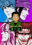  5boys blue_background blush coco_(toriko) commentary_request copyright_name fangs furrowed_brow green_jacket hair_slicked_back jacket komatsu_(toriko) lapels long_hair looking_at_viewer looking_to_the_side male_focus multicolored_hair multiple_boys multiple_monochrome muscular muscular_male notched_lapels open_mouth pink_background purple_background red_background scar scar_on_cheek scar_on_face scar_on_mouth short_hair simple_background smile sunny_(toriko) thick_eyebrows toriko toriko_(series) translated turban yaso80hachi zebra_(toriko) 