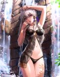  1girl alternate_costume arm_up armpits bikini black_bikini breasts chemise commentary cowboy_shot esther_shen fire_emblem fire_emblem:_three_houses hand_up long_hair looking_at_viewer lysithea_von_ordelia medium_breasts navel parted_lips purple_eyes revision solo standing stomach swimsuit thighs white_hair 