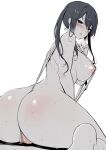  1girl anus ass bare_shoulders blush breasts covered_nipples greyscale highres huge_ass huge_breasts long_hair looking_at_viewer monochrome original osomatsu_(nanameno) pussy pussy_peek shiny_skin sitting slingshot_swimsuit solo steam sweat swimsuit thick_thighs thighs wariza white_background 