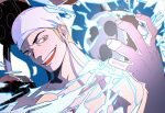  1boy artist_name bandana blonde_hair blue_eyes electricity enel highres long_earlobes looking_at_viewer male_focus mygiorni one_piece solo tomoe_(symbol) topless_male upper_body 