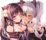  2girls animal_ears artist_request black_choker black_jacket black_ribbon black_shirt blush breasts brown_hair butterfly_tattoo cat_ears cat_girl choker cleavage commission facial_tattoo gradient_hair grey_hair hair_between_eyes hair_ornament hair_ribbon highres holding_hands jacket large_breasts long_hair long_sleeves looking_at_another multicolored_hair multiple_girls off-shoulder_shirt off_shoulder one_eye_closed open_mouth original parted_lips pink_eyes pom_pom_(clothes) pom_pom_hair_ornament ponytail ribbon second-party_source shirt simple_background sleeveless sleeveless_shirt slit_pupils sul-lin-a tattoo twintails upper_body white_background white_shirt woo_sinbi yellow_eyes 