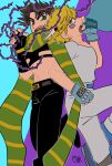  2boys battle_tendency blonde_hair brown_hair caesar_anthonio_zeppeli carota327 crop_top facial_mark feather_hair_ornament feathers fingerless_gloves flat_color florakinesis gloves green_eyes green_scarf hair_ornament headband hermit_purple highres jojo_no_kimyou_na_bouken male_focus midriff multicolored_clothes multicolored_scarf multiple_boys plant scarf stand_(jojo) striped striped_scarf thorns triangle_print vertical-striped_scarf vertical_stripes vines yellow_scarf 