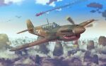  aircraft airplane cloud commission damaged earasensha flying ki-43_hayabusa military military_vehicle mountainous_horizon original p-40_warhawk pilot propeller scenery skeb_commission sky smoke vehicle_focus world_war_ii 