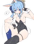  1girl adapted_costume animal_ear_fluff animal_ears asymmetrical_legwear beret black_gloves black_leotard black_thighhighs blue_bow blue_eyes blue_hair blue_socks blush_stickers bow breasts closed_mouth commentary_request crown detached_collar double-parted_bangs feet_out_of_frame gloves grey_headwear hair_between_eyes hair_bow hat highleg highleg_leotard highres hololive hoshimachi_suisei hoshimachi_suisei_(1st_costume) knee_up kneehighs kuma_no_bansoukou leotard looking_at_viewer medium_hair mismatched_legwear nontraditional_playboy_bunny oversized_breast_cup partially_fingerless_gloves plaid_headwear rabbit_ears rabbit_tail side_ponytail single_kneehigh single_sock sitting skindentation small_breasts smile socks solo star_(symbol) star_in_eye strapless strapless_leotard symbol_in_eye tail thigh_strap thighhighs uneven_legwear virtual_youtuber wing_collar 