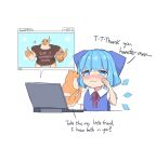  1girl animal blue_bow blue_dress blue_eyes blue_hair blush bow cirno closed_mouth collared_shirt computer dress english_commentary english_text fairy_wings hair_bow hamster hand_up highres holding holding_animal ice ice_wings laptop looking_at_another meme neck_ribbon nose_blush personification puffy_short_sleeves puffy_sleeves red_ribbon ribbon shirt short_hair short_sleeves simple_background smile sparkle tears thumbs_up touhou vanilla_flan white_background white_shirt window_(computing) wings wiping_tears 