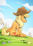  2023 absurd_res accessory applejack_(mlp) blonde_hair clothing cloud cowboy_hat cutie_mark digital_media_(artwork) earth_pony equid equine female feral flower freckles friendship_is_magic grass green_eyes hair hair_accessory hasbro hat headgear headwear hi_res horse looking_up mammal my_little_pony mysticalpha orange_body plant pony signature sitting smile solo tail yellow_tail 