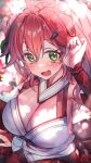  1girl ahoge blush breasts cleavage green_eyes green_ribbon hair_between_eyes hair_ornament hair_ribbon hairclip hand_up hololive large_breasts looking_at_viewer medium_hair open_mouth red_hair redcomet ribbon sakura_miko sakura_miko_(1st_costume) solo virtual_youtuber 