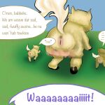  1:1 anus baby_talk cuddlybloodily dialogue english_text female feral fluffy_pony fluffy_pony_(species) fur genitals grass group hi_res mammal offscreen_character plant pussy shadow teats text trio yellow_body yellow_fur 