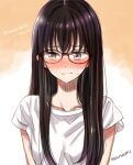  1girl artist_name averting_eyes black-framed_eyewear black_hair blush casual closed_mouth collarbone commentary_request copyright_name embarrassed glasses himawari-san himawari-san_(character) long_hair looking_to_the_side orange_background purple_eyes shirt short_sleeves signature simple_background solo sugano_manami sweat two-tone_background upper_body white_background white_shirt 