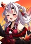  1girl autumn_leaves bell black_kimono blush fang grey_hair hair_bell hair_bun hair_ornament highres hololive horns japanese_clothes kimono long_hair looking_at_viewer multicolored_hair nakiri_ayame nakiri_ayame_(1st_costume) nyuyosuke_o_shigoto_boshuuchu oni oni_horns open_mouth red_eyes red_hair red_kimono skin_fang sleeveless sleeveless_kimono smile streaked_hair two_side_up virtual_youtuber 