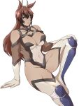  1girl animal_ears antelope_ears antelope_horns black_hair breasts brown_eyes brown_hair commentary_request elbow_gloves gazelleman genderswap genderswap_(mtf) gloves groin hair_between_eyes highres horns imo_moka kinnikuman kinnikuman_nisei large_breasts multicolored_hair muscular muscular_female sitting solo thigh_strap two-tone_hair 