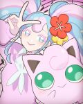  1girl absurdres blue_eyes blue_hair colored_eyelashes fairy_miku_(project_voltage) flower hair_flower hair_ornament hatsune_miku highres jigglypuff kotomine_hisui long_hair long_sleeves multicolored_eyes multicolored_hair nail_polish orange_flower pink_eyes pink_hair pink_nails pink_sweater pokemon pokemon_(creature) project_voltage smile staff_(music) sweater twintails v yellow_flower 