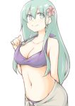  1girl akara_kai aqua_hair bikini breasts cleavage cowboy_shot flower green_eyes hair_flower hair_ornament highres kantai_collection large_breasts official_alternate_costume purple_bikini sarong simple_background smile solo suzuya_(kancolle) swimsuit white_background white_sarong 