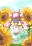  :d animal_focus artist_name blue_sky bow closed_eyes cloud colored_skin commentary_request crystal crystal_hair diancie flower green_bow grey_skin hat highres holding holding_clothes holding_hat no_humans open_mouth pokemon pokemon_(creature) sky smile sun_hat sunflower towa_(clonea) 
