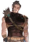  1boy arrow_(projectile) bara beard black_hair chest_harness covered_abs covered_navel covered_nipples cowboy_shot facial_hair hanzo_(overwatch) harness head_tilt highres large_pectorals looking_at_viewer male_focus mature_male midomido muscular muscular_male mustache overwatch pectorals ponytail short_hair solo underbust 