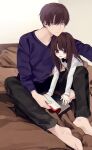  1boy 1girl bad_id bad_twitter_id barefoot black_pants blue_sweater blush brother_and_sister brown_eyes brown_hair highres honnryou_hanaru indoors long_hair manga_(object) on_bed open_mouth original pants ruri_honjou shirt siblings sitting solo sweater teeth upper_teeth_only white_shirt 