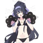  1girl =_= animal_hands armpit_crease bikini black_bikini black_hair blue_archive blue_hairband blue_ribbon breasts closed_eyes collarbone commentary cowboy_shot crossed_bangs gloves hair_between_eyes hair_ribbon hairband halo head_tilt high_ponytail highres jewelry kilabo long_hair messy_hair navel necklace o-ring o-ring_bikini official_alternate_costume open_mouth paw_gloves ribbon sidelocks sketch small_breasts solo stomach sweat swimsuit thigh_gap ui_(blue_archive) ui_(swimsuit)_(blue_archive) very_long_hair 